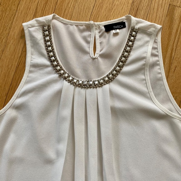Faisca White Sleeveless Blouse with Rhinestone Embellished Neckline Size M - Picture 3 of 8